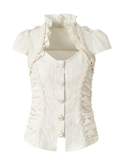 Punk Faux Two-Piece Short Sleeve Blouse in White with Lace and Ruffle Accents - NO ROMANCE