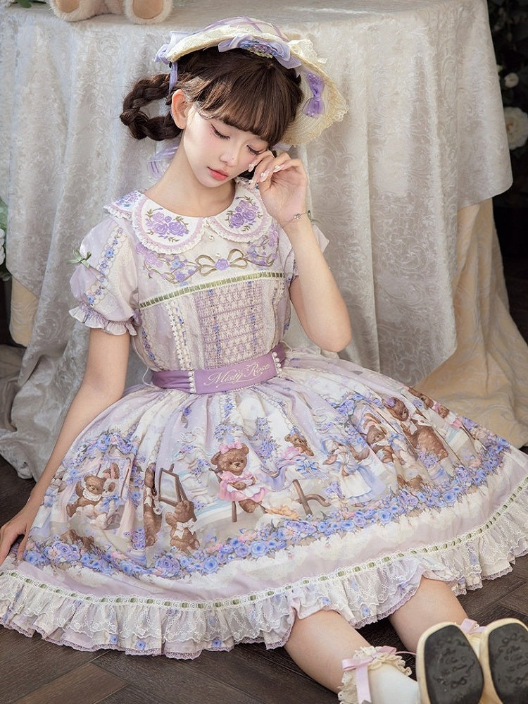 Cute Bear Print OP Dress with Purple Floral Embroidery, Doll Collar & Puff Sleeves - Stars Fall on the Foggy Island