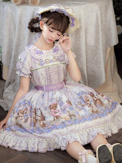 Cute Bear Print OP Dress with Purple Floral Embroidery, Doll Collar & Puff Sleeves - Stars Fall on the Foggy Island