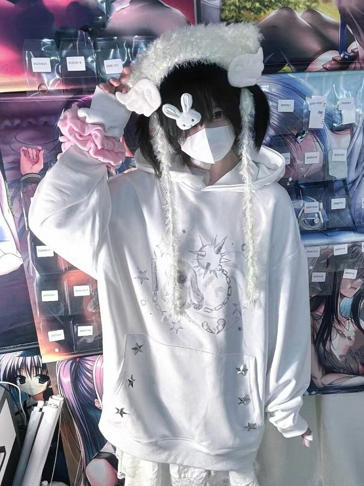 White Casual Rabbit Pattern Hoodie with Star Decoration - NEMU