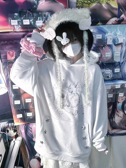 White Casual Rabbit Pattern Hoodie with Star Decoration - NEMU