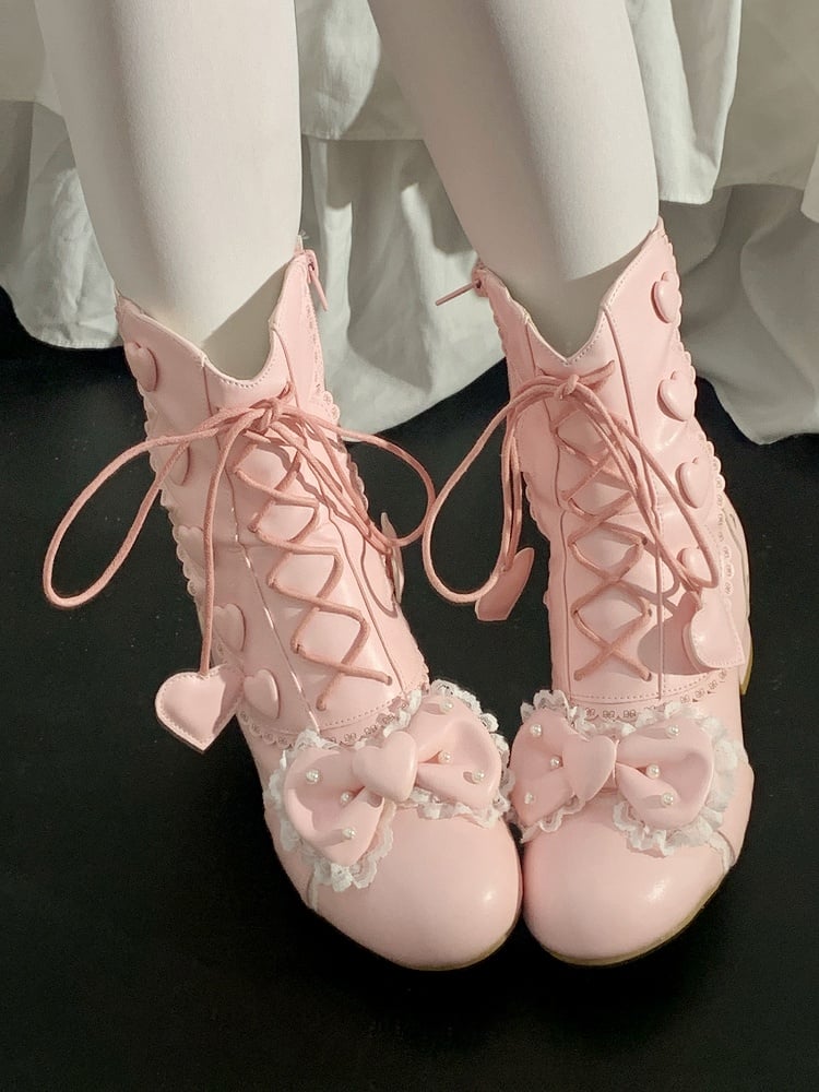Ankle Bow - at Lolita in Top Boots PU Elegant Pink
