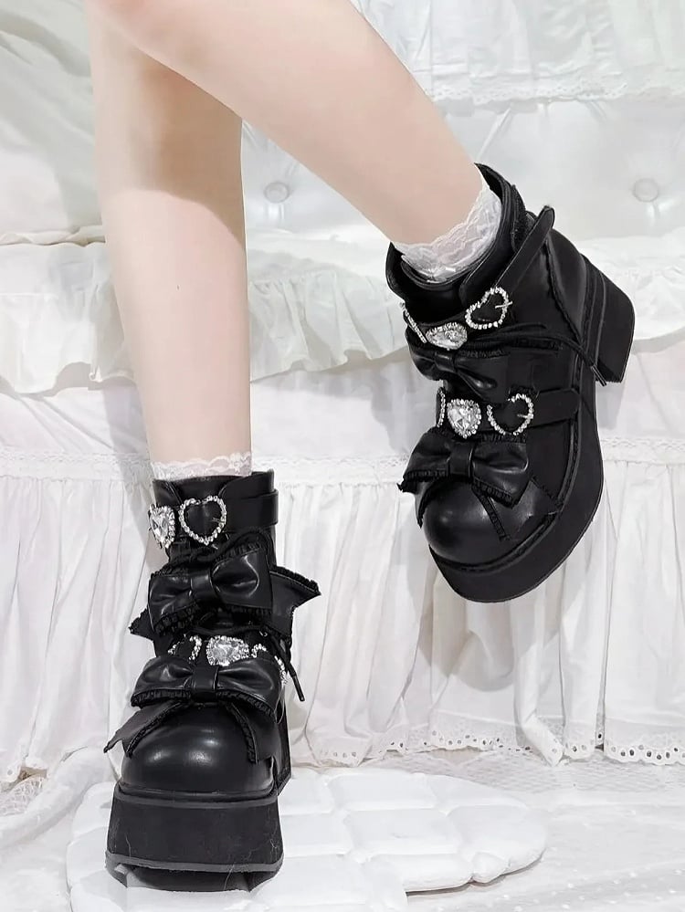 Lace-up with Jirai Buckles Rhinestones Platform Matte Boots Sweetheart Short Ankle Kei Black