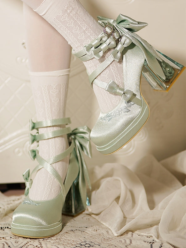 Elegant Block Platform Flower Green High Heels Heel Camellia