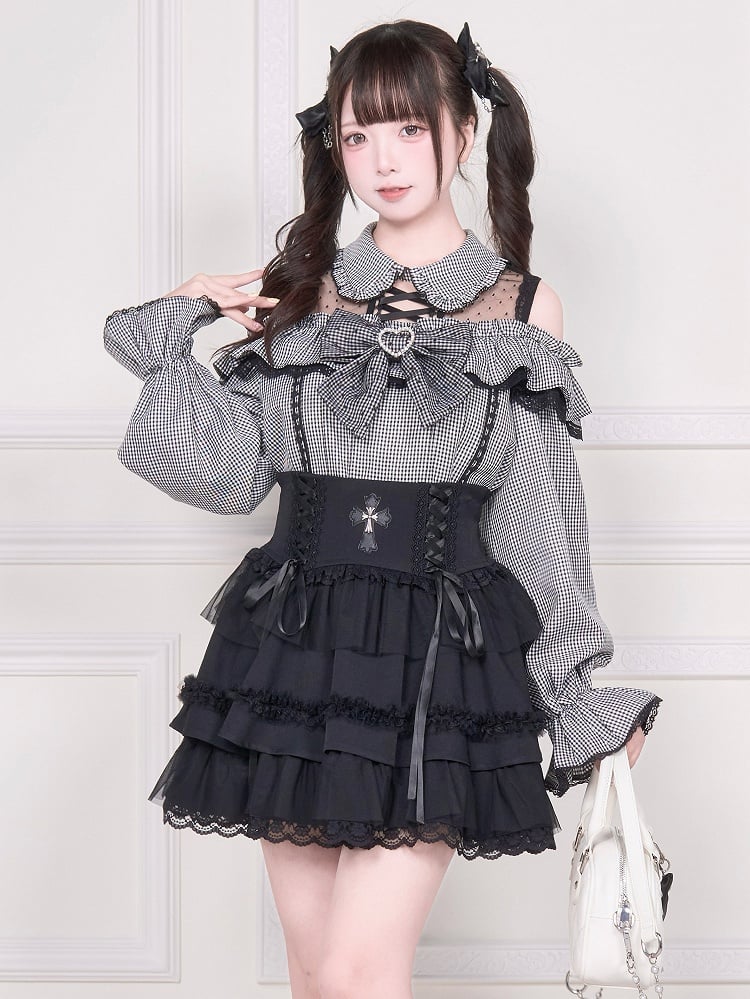 Jirai Kei – Langärmlige, karierte Bluse mit Illusionsausschnitt und ausgeschnittener Schulter