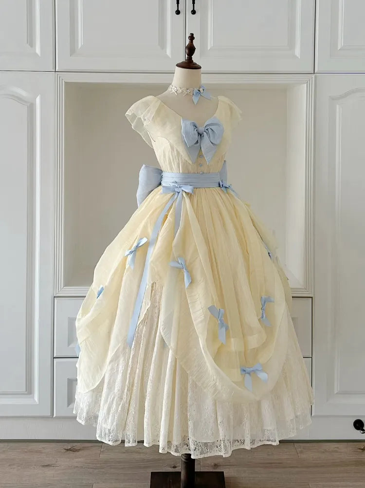 Lolita V-neck Blue Belle with Yellow Princess Detachable Dress Bows