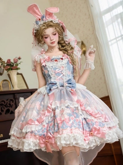 Sweet Blue Lolita JSK Dress with Strawberry Print, Bow and Lace Accents - PG Lullaby