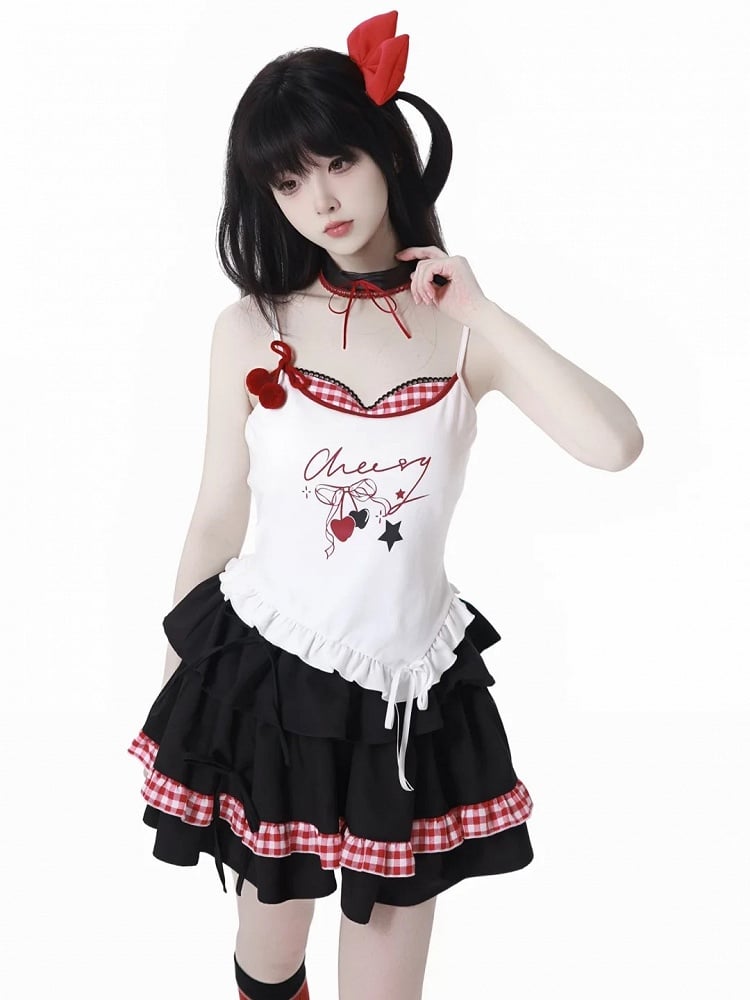 Plaid with Charm Red White Cherry Neckline Top Cami