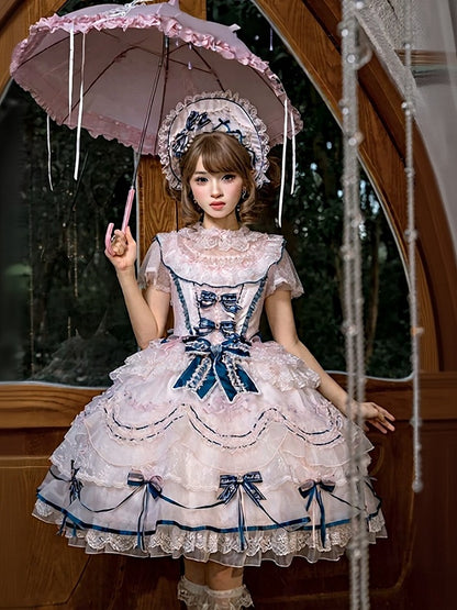 Sweet Bowknot & Embroidery JSK Dress with Lace Trim & Overlay - Mademoiselle Pearl