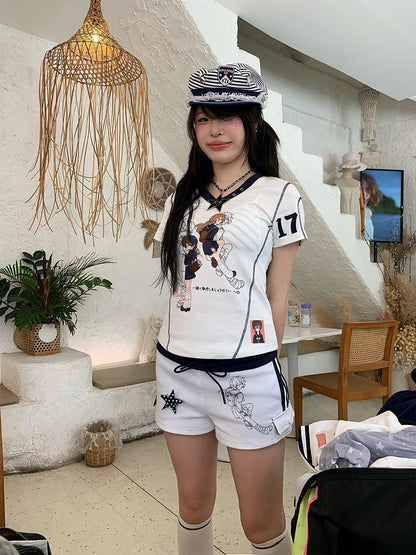 Print White T-Shirt Stripe Details Character with and