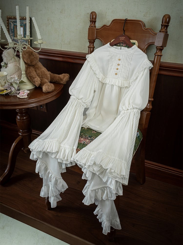 Sleeves Bell Blouse Trim Flounce White Gothic