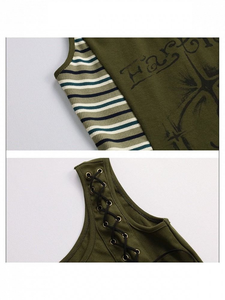 Retro Striped Patchwork Green Lace Up Top - Girlyhalo