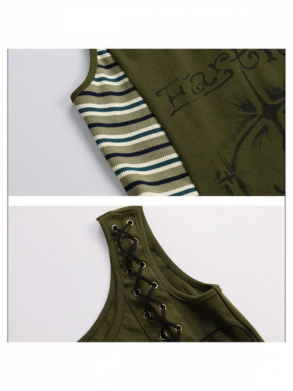 Retro Striped Patchwork Green Lace Up Top - Girlyhalo