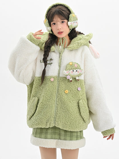 グリーンのキュートなラムフリースイヤーマフ