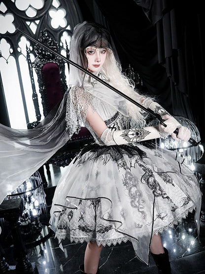 Black & White Bone Dragon Embroidery Halter Neck Gothic Lolita Dress Set - Ying Luo Fu