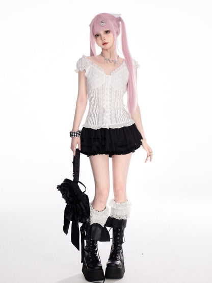 VネックTシャツ ホワイト オフショルダー ネックライン パフスリーブ スイート