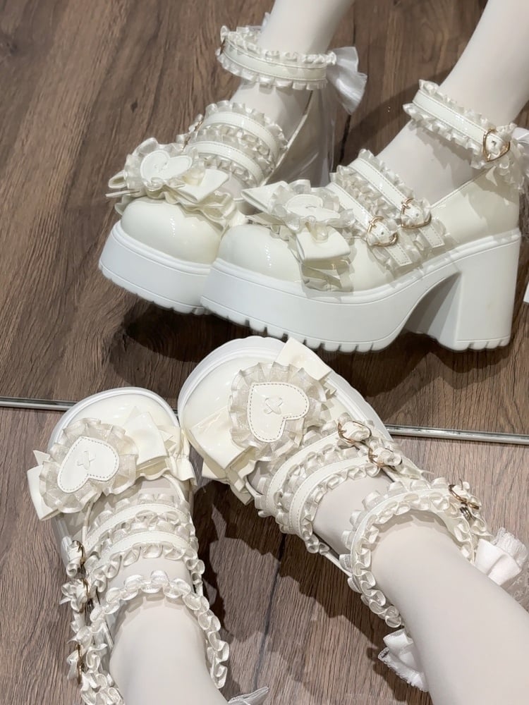 Kei White Heart Jirai Lace Block Bow Heels Ruffled Straps with High Buckle Patch - Platform