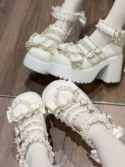 Kei White Heart Jirai Lace Block Bow Heels Ruffled Straps with High Buckle Patch - Platform