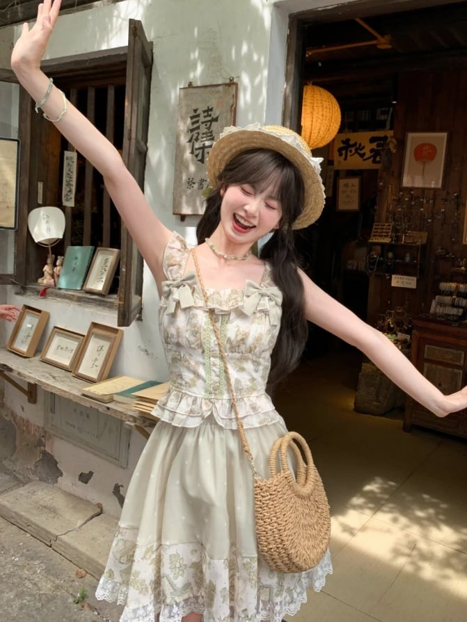 取り外し可能な蝶結び付きグリーンヴィンテージグレーププリントノースリーブトップスライト