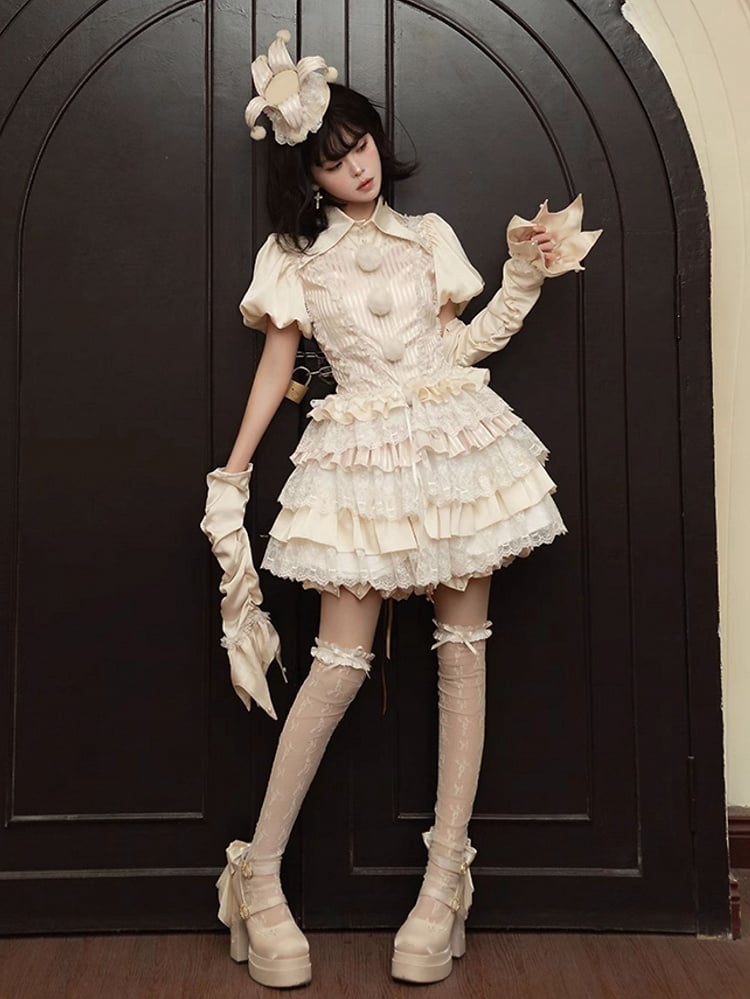 Clown-Outfit + Shorts, Pumphose, Kragen, spitzes Hemd, Lolita-Zirkus, Strumpfbänder, Ouji Apricot Vibes –
