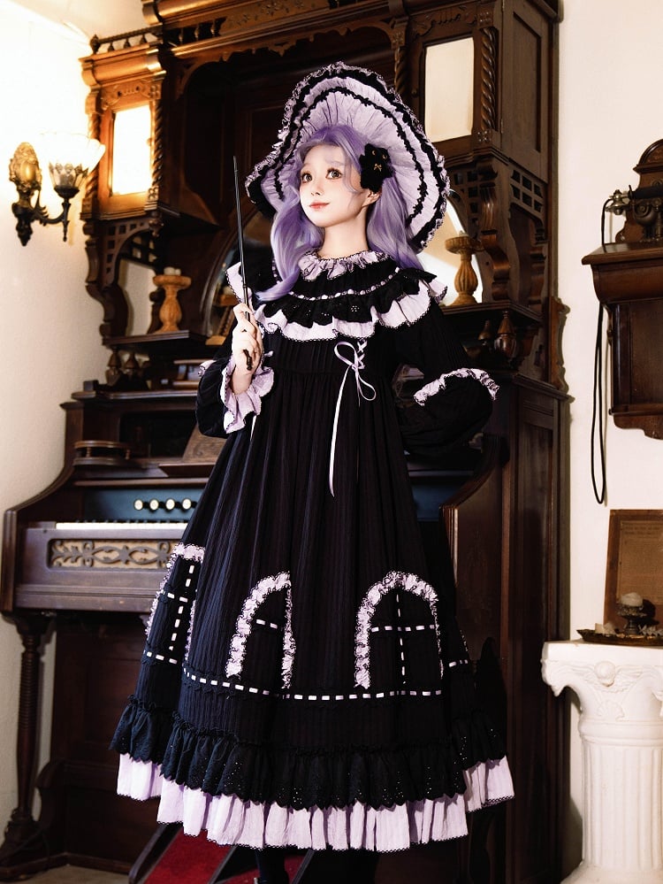 Purple Lolita Black Ruffle Gothic Dress Sleeves Sash Details Long and with Witchy