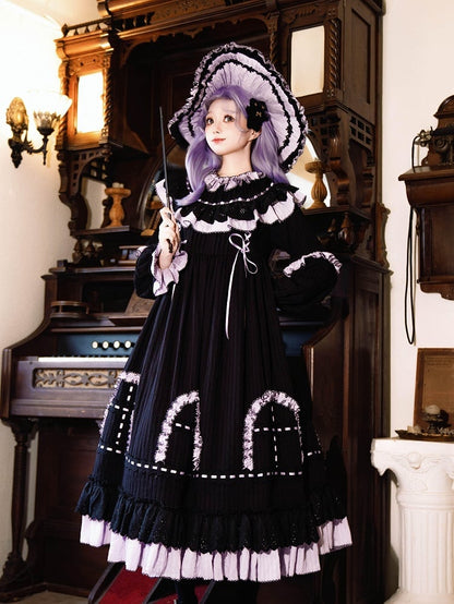 Purple Lolita Black Ruffle Gothic Dress Sleeves Sash Details Long and with Witchy