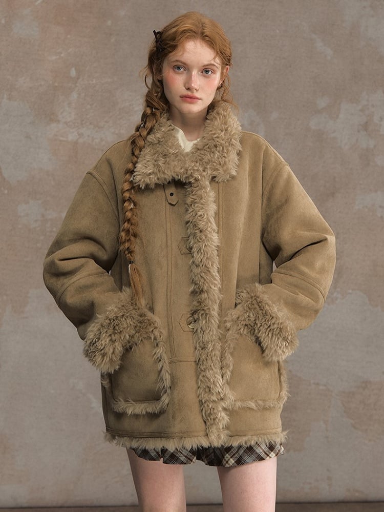 Reversible Suede and Fleece Coat with Fluffy Accents Khaki/Dark Brown