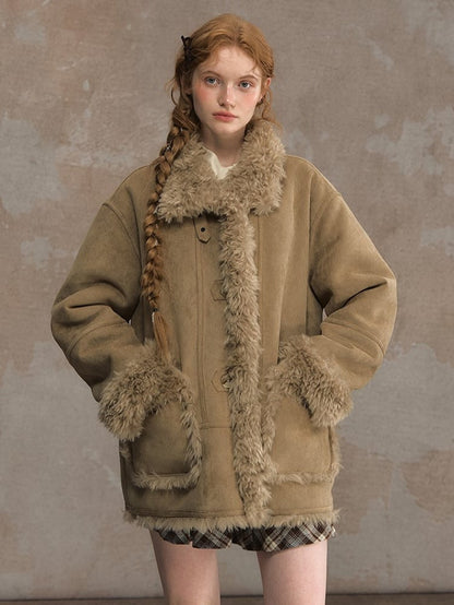 Reversible Suede and Fleece Coat with Fluffy Accents Khaki/Dark Brown