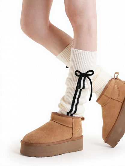 Ribbed Leg Warmers with Stripe and Bow Decor - ModaSwings