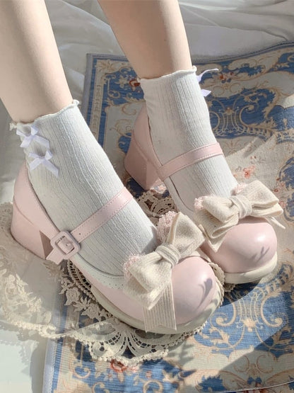 Pink Low/Mid Edge Mary Ear Light Bear Detachable Sweet - Scalloped Heel Bow Janes with Lolita