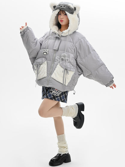 Cute Raccoon Plush Hood Grey Hooded Down Jacket