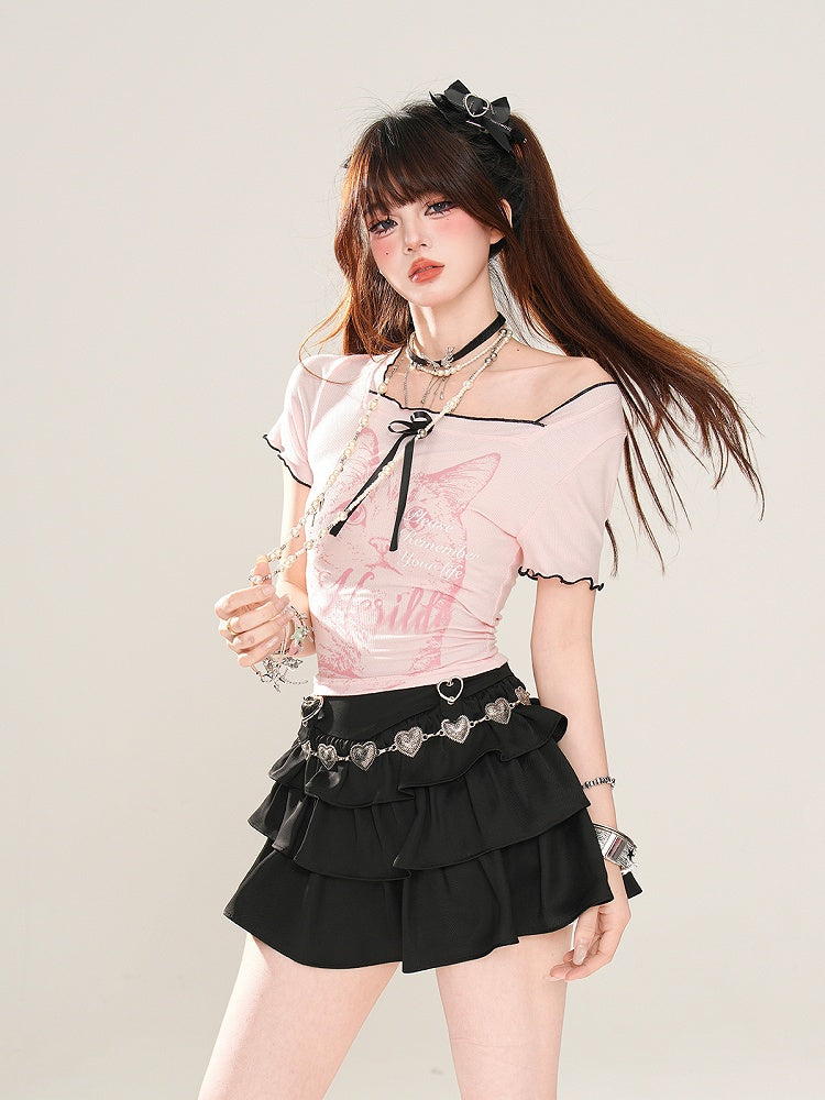 Back T-Shirt Glamorous Black/Pink Cat Print Square Neck Butterfly Design