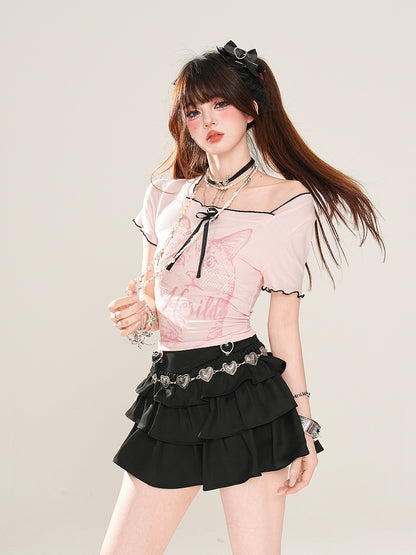 Back T-Shirt Glamorous Black/Pink Cat Print Square Neck Butterfly Design