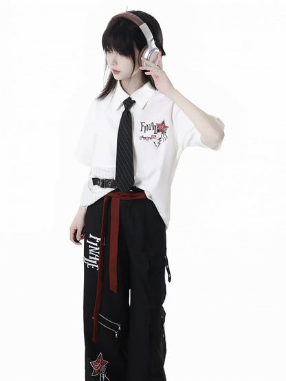 Version Black Buttons Red Long/Short Short Sleeves Shirt and Contrast Leather Buckle Strap White