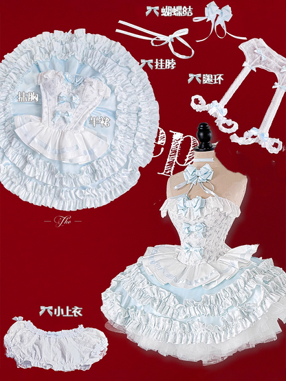 Cropped Details Bodice Floral Strapless Top + Tiered Skirt + Ful Blue Bowknot on Set Top