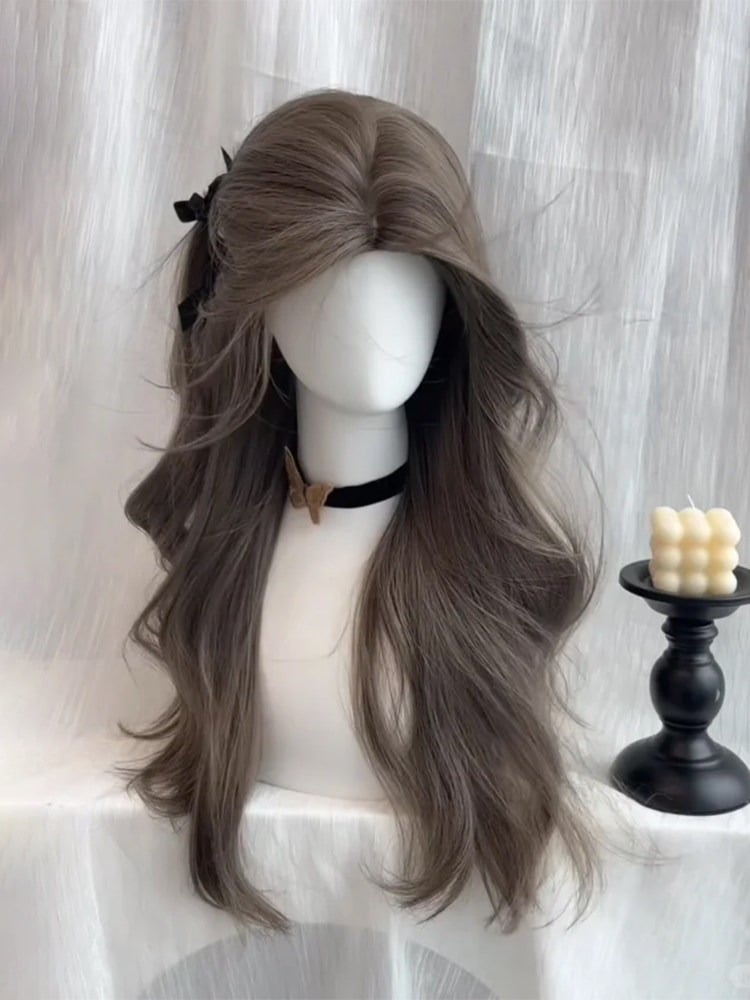 Dusty Brown 65cm Curtain Bangs Wavy Wig - Sleepy Fish