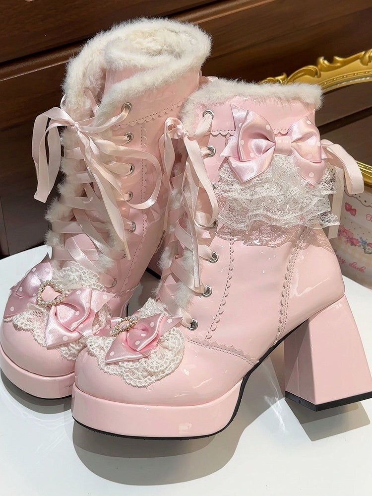 Sweet Pink 8CM High Heel Winter Boots with Lace & Heart Accents and Front Lacing - Witch's Night