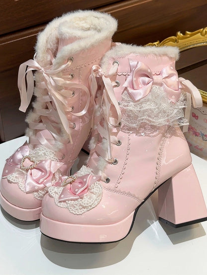 Sweet Pink 8CM High Heel Winter Boots with Lace & Heart Accents and Front Lacing - Witch's Night
