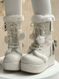 Fleece White Bow Sweet Lining Star Platform Boots Lolita Charm And Pompon Shoelaces for Heart Decor with Winter 4cm -