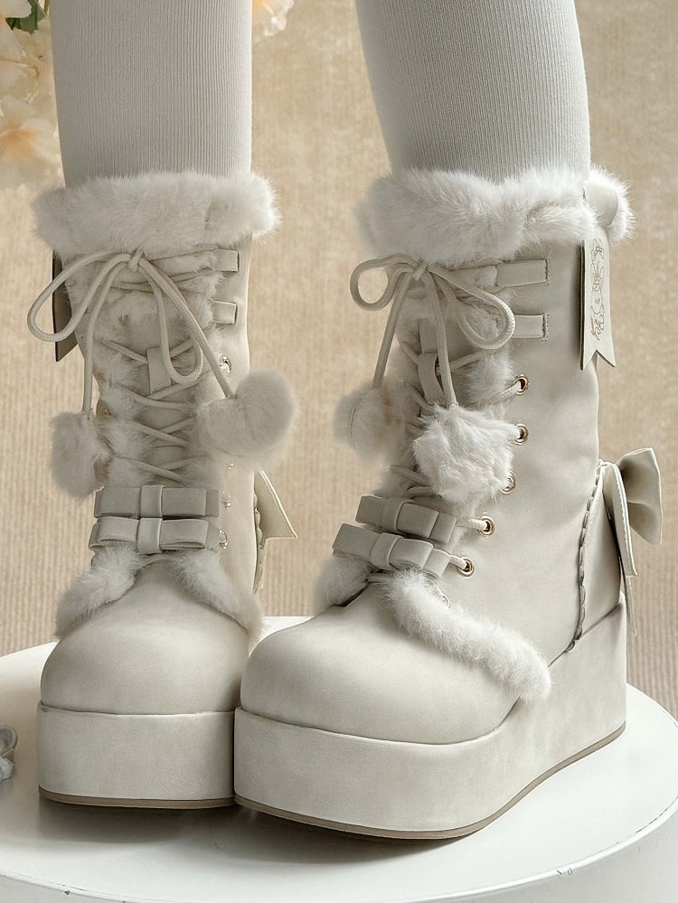 Fleece White Bow Sweet Lining Star Platform Boots Lolita Charm And Pompon Shoelaces for Heart Decor with Winter 4cm -