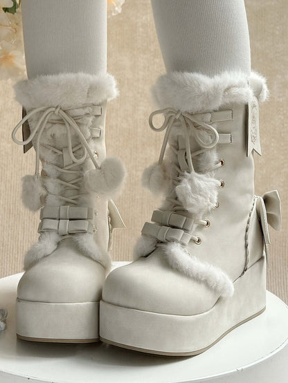 Fleece White Bow Sweet Lining Star Platform Boots Lolita Charm And Pompon Shoelaces for Heart Decor with Winter 4cm -
