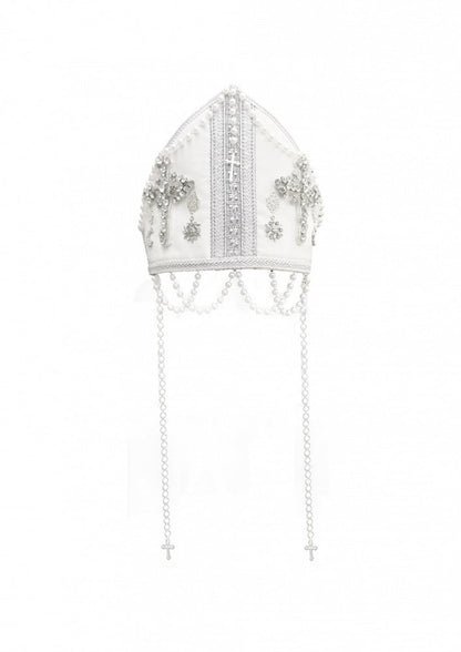 Mitra-Kreuz verzierte Perlenkette weiß mit päpstlicher Perle