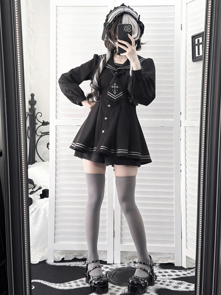 Sailor Collar Dress Set with Shorts and Tie - Ekomi