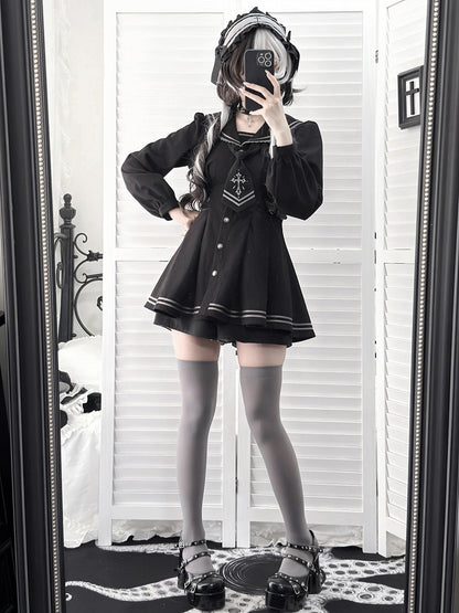 Sailor Collar Dress Set with Shorts and Tie - Ekomi
