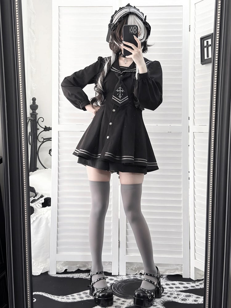Black Sailor-Collar Dress Set with Bow Tie & Shorts - Ekomi