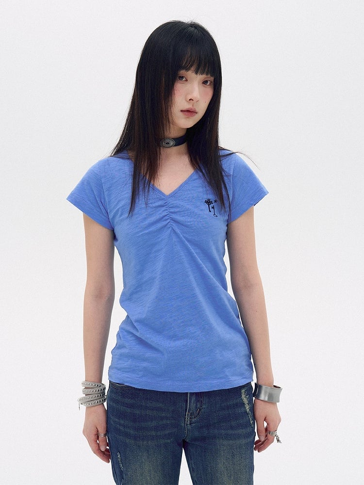 Sky Blue Cotton V-Neck Tee with Key Embroidery - innomoood