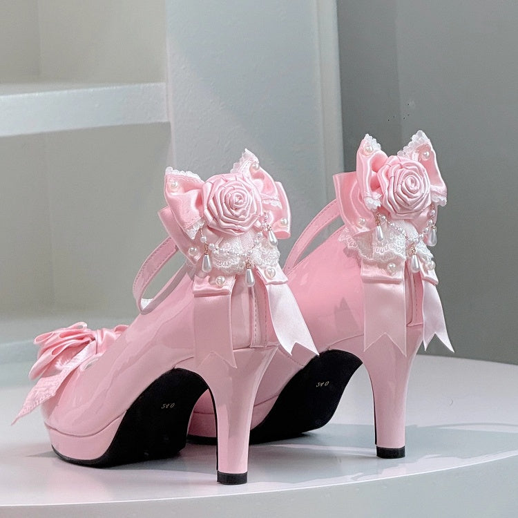 PU Closure Janes Heeled Top Elegant Heart Mary Lolita Bow Pink Lace - Trim Snap with