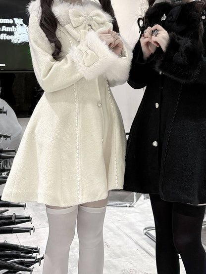 Waist-Cinching Landmine Bow-Detailed Style Long Beige Cuffs Collar Coat Furry with