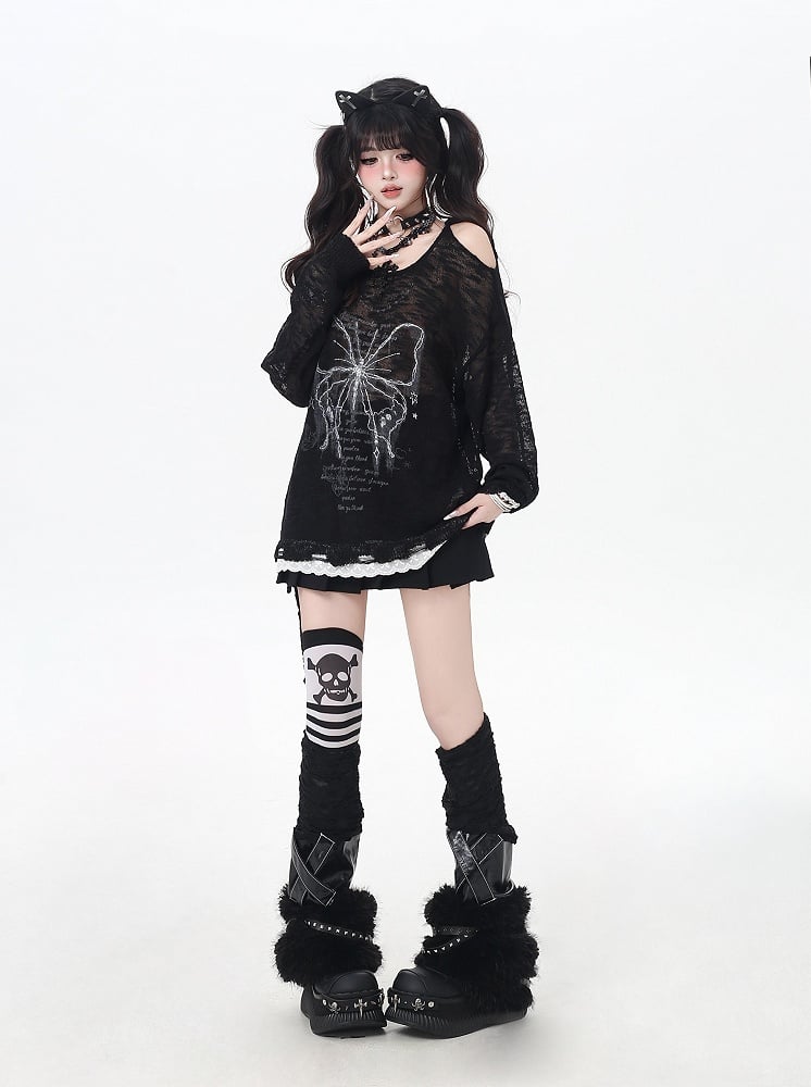 Trim Black/Beige Butterfly Print Cutout Shoulder Lace