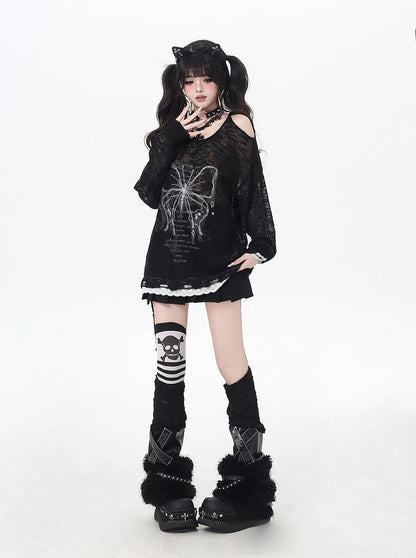 Trim Black/Beige Butterfly Print Cutout Shoulder Lace